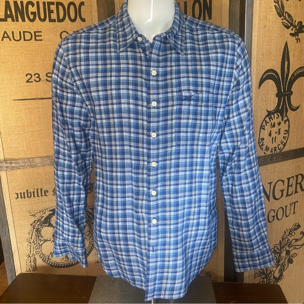 Madda Fella Blue Plaid Linen Shirt, M